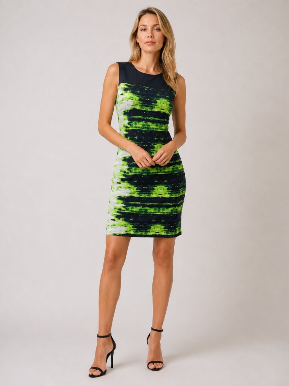 2/$30 Elie Tahari Watercolor Tie-Dye Sheath Dress Lime Green Navy 14 #A4284